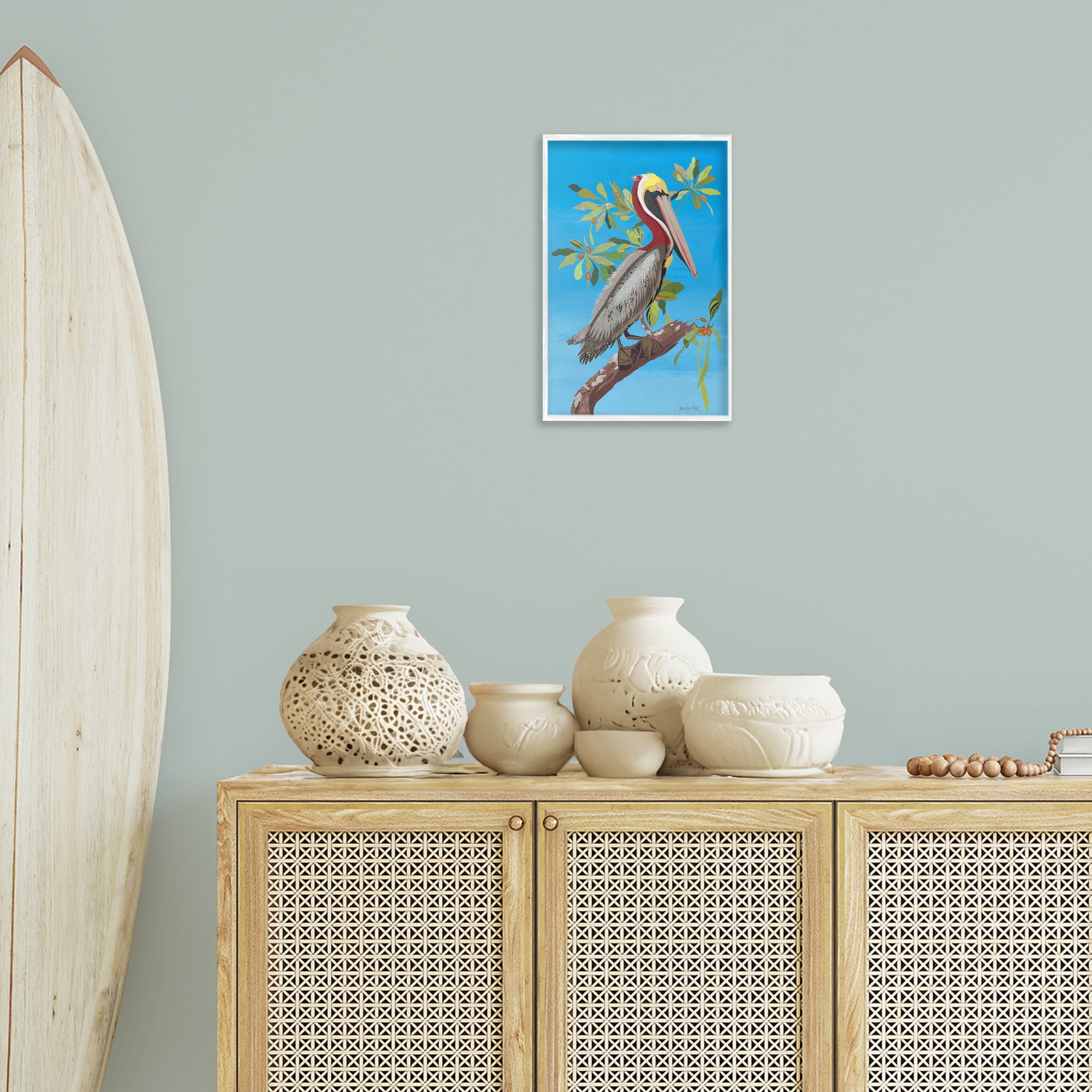Stupell Industries Brown Pelican on Tree Animals & Insects Painting White Framed Art Print Wall Art, 12 x 18