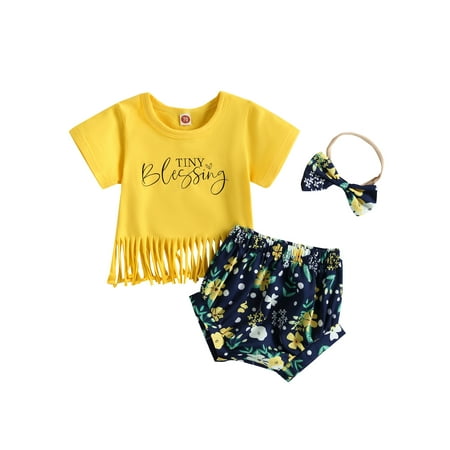 

Baby Girls Shorts Set Short Sleeve Letters Print Tasseled T-shirt Flower Print Shorts with Bowknot Hairband