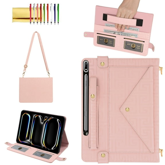 Allytechgroup Case for Galaxy Tab S10 Plus/S9 Plus/S8 /S7 FE/S7 12.4", PU Leather Folio Business Stand Smart Cover Pen Holder Hand Strap Protective Wallet Bag Case, Pink