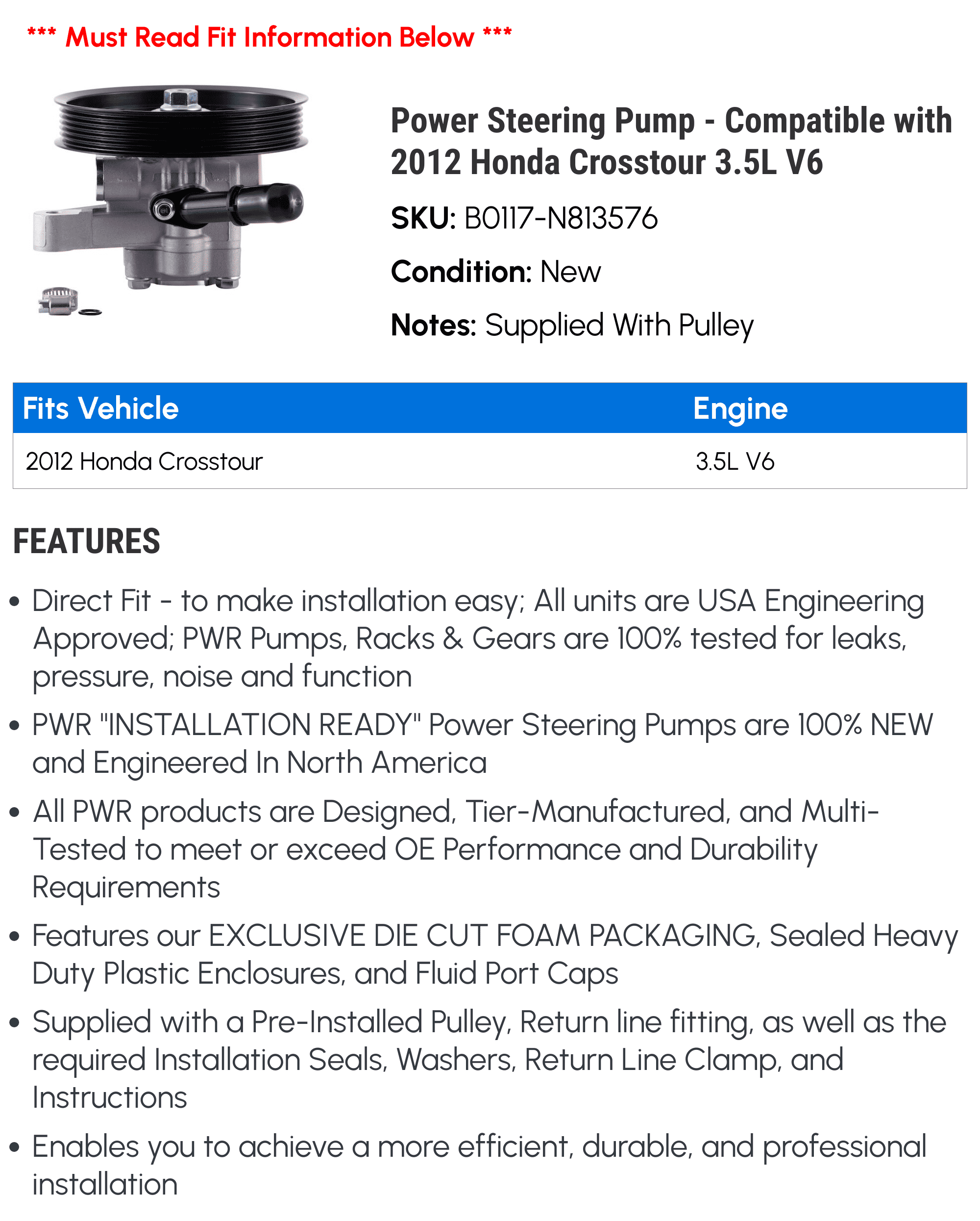 Power Steering Pump - Compatible with 2012 Honda Crosstour 3.5L V6