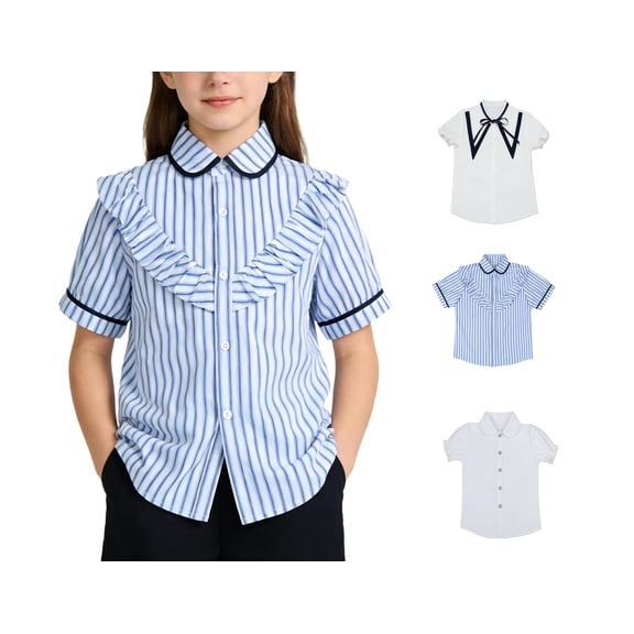 WAVSUF Girls School Blouses Striped Print Short Sleeve Ruffle Hem Summer Opening Ceremony Shirts Blue 8