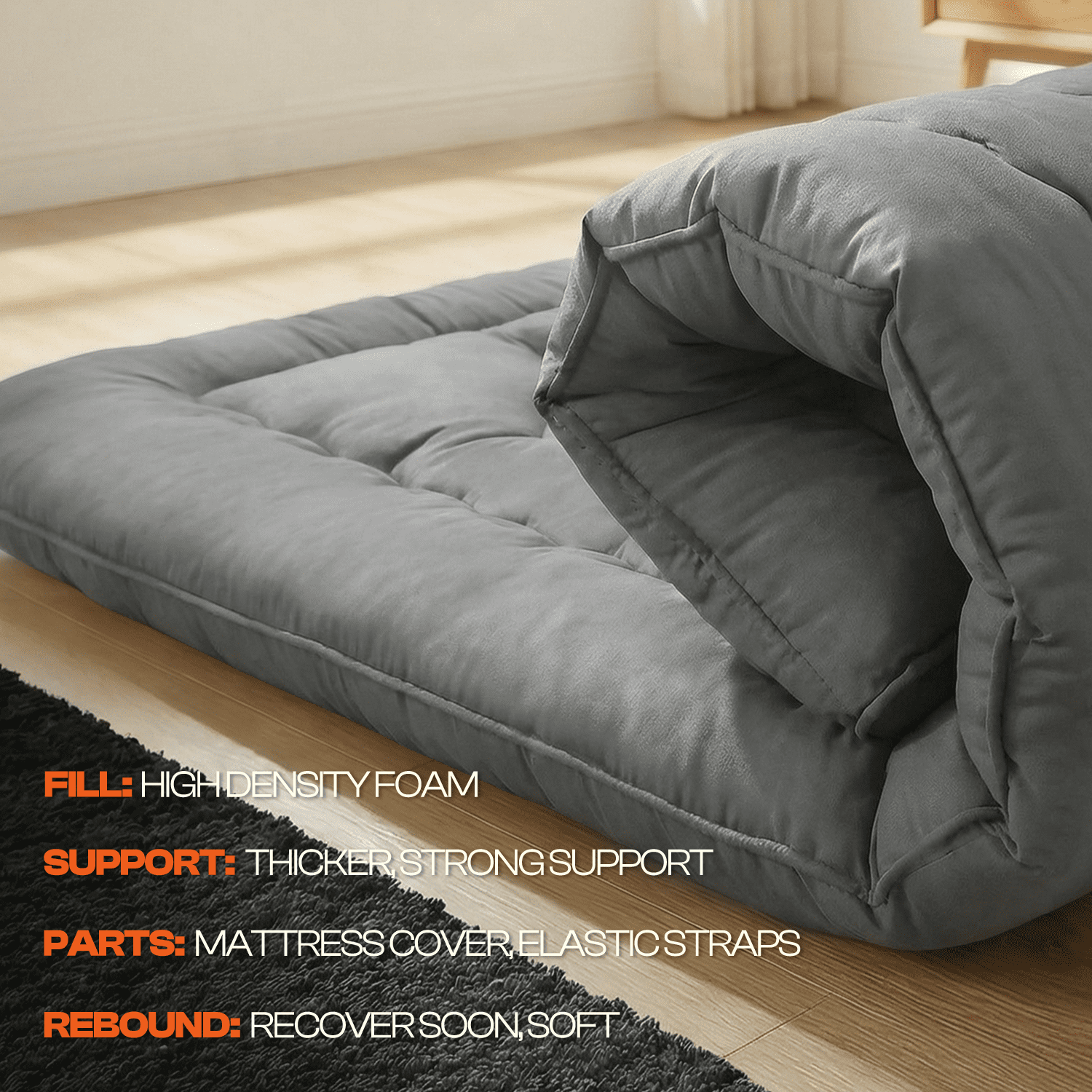 CHIC LINK 4" Thick Japanese Futon Mattress - Space Saving Foldable Floor Bed for Guests, Dorms & Kids Rooms, Portable Tatami Mat with Firm Support & Carry Strap Full Gray