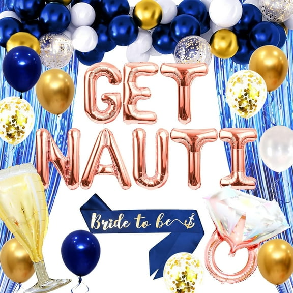 Bachelorette Party Decoration Set - Nautical Theme Blue and Rose Gold - Combination of Foil Balloons and Tinsel Curtains