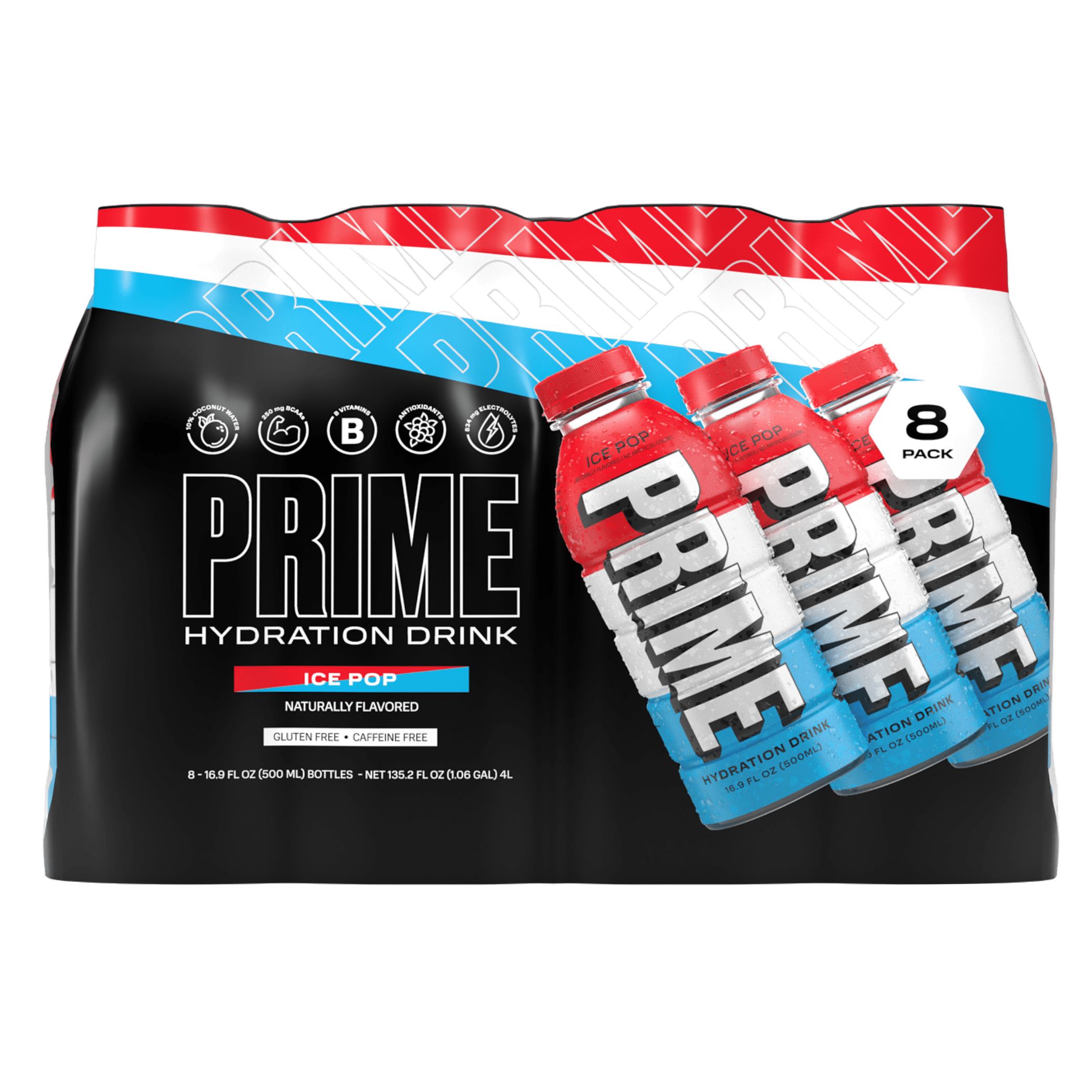 Prime Hydration Drink, Ice Pop, 8 Pack, 16.9 fl oz Bottles