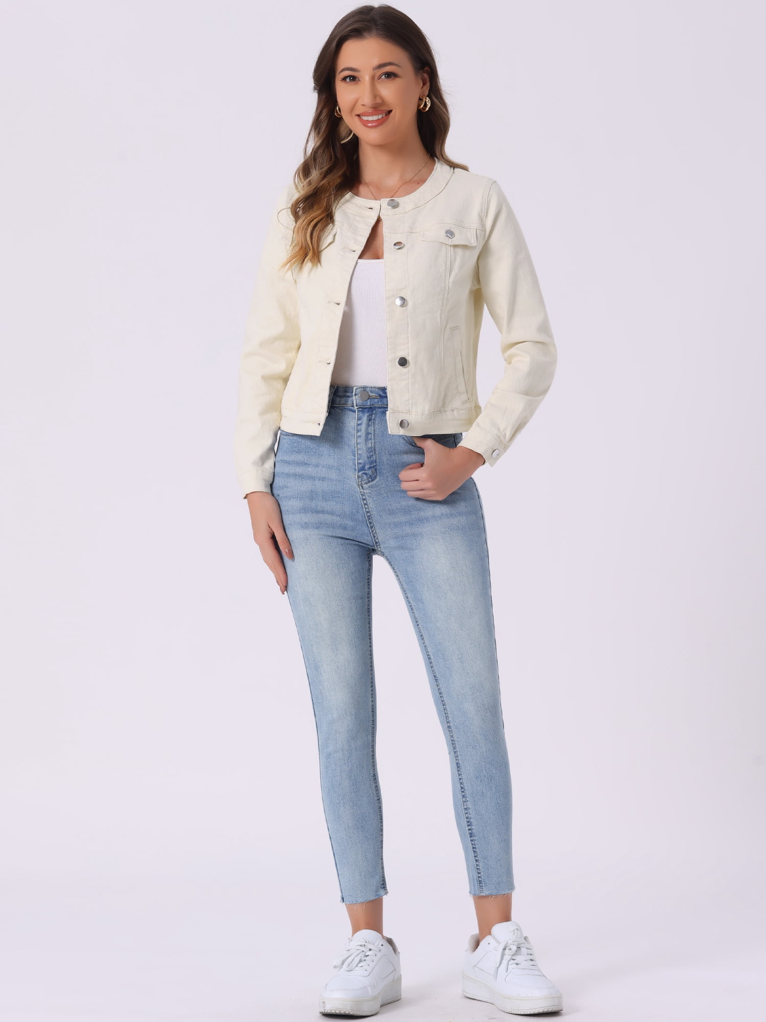 DARING DIVA Women's Button Down Collarless Cropped Denim Jacket S Beige