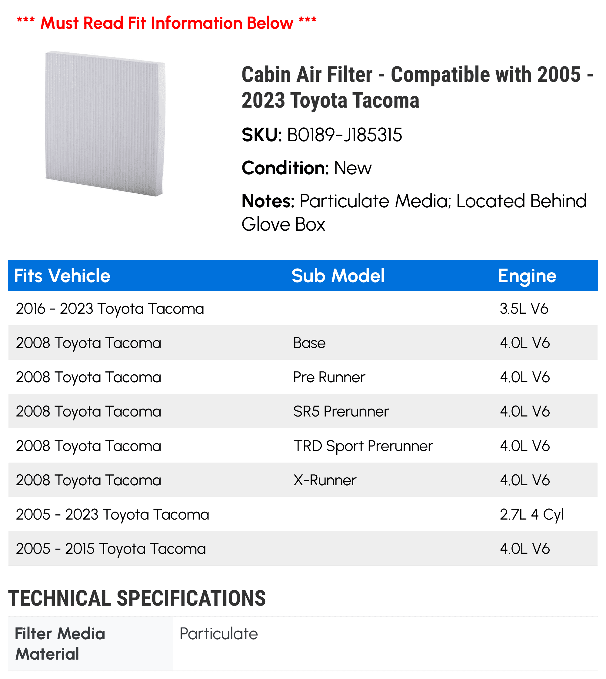 Cabin Air Filter - Compatible with 2005 - 2023 Toyota Tacoma 2006 2007 2008 2009 2010 2011 2012 2013 2014 2015 2016 2017 2018 2019 2020 2021 2022