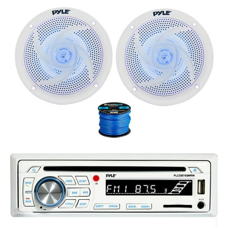 Pyle PLCDBT65 Bluetooth Marine Stereo AM/FM CD Player Stereo Receiver 2x 6.5 240 Watt 2-Way Slim Low Profile Blue Flashing LED Audio Speakers (White) w/ Wire
