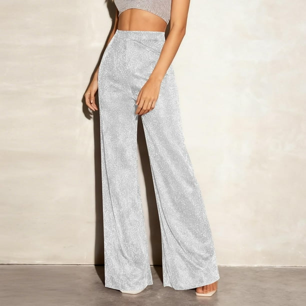 Pincandy Women's Solid Color Fashion Elastic Waist Silver Thread Wide Leg Pants, Loose Fit, Casual & Daily Wear