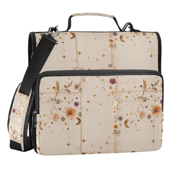 Zipper Binder Retro Texture Flowers Moon 1.5 Inch Binder Folder Bag with Shoulder Strap and Handle