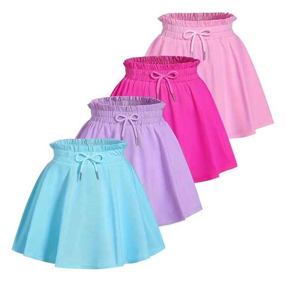 Fdqin Girls Skirts 4pcs Tennis Skirt with Short Elastic High Waisted Kids Athletic Running Flowy Skorts Blue Purple Red Pink 4-5 Years