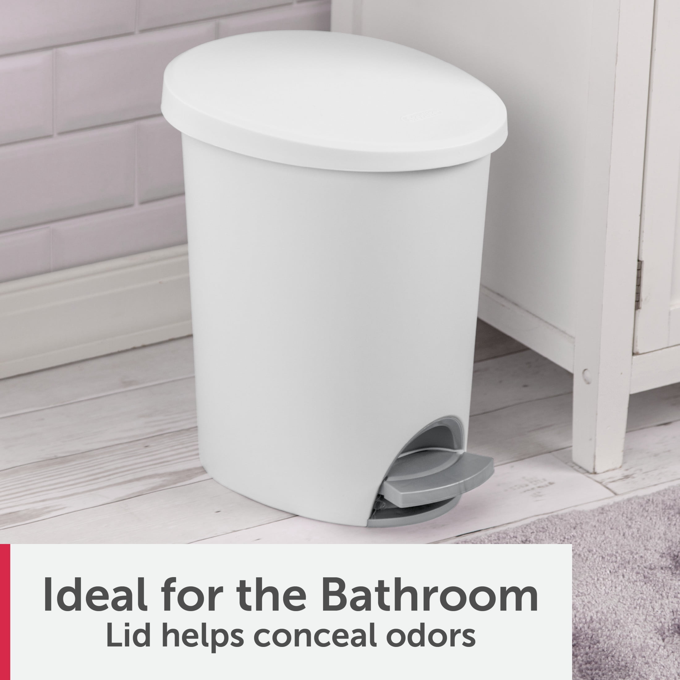 Sterilite Small Bathroom Trash Can, 2.6 Gallon Plastic Garbage Bucket Bin with Step Lid, White