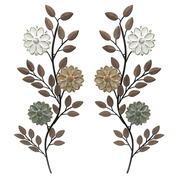 Brown Metal Flower Leaves Wall Sculpture Set of 2 Indoor Outdoor Decor