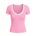 thumbnail image 6 of Ribbed Short Sleeve Tops for Women V Neck Ribbed Knit Color Block T Shirts Low Cut Fitted Casual Summer Basic Tees 2026 Pink M, 6 of 6
