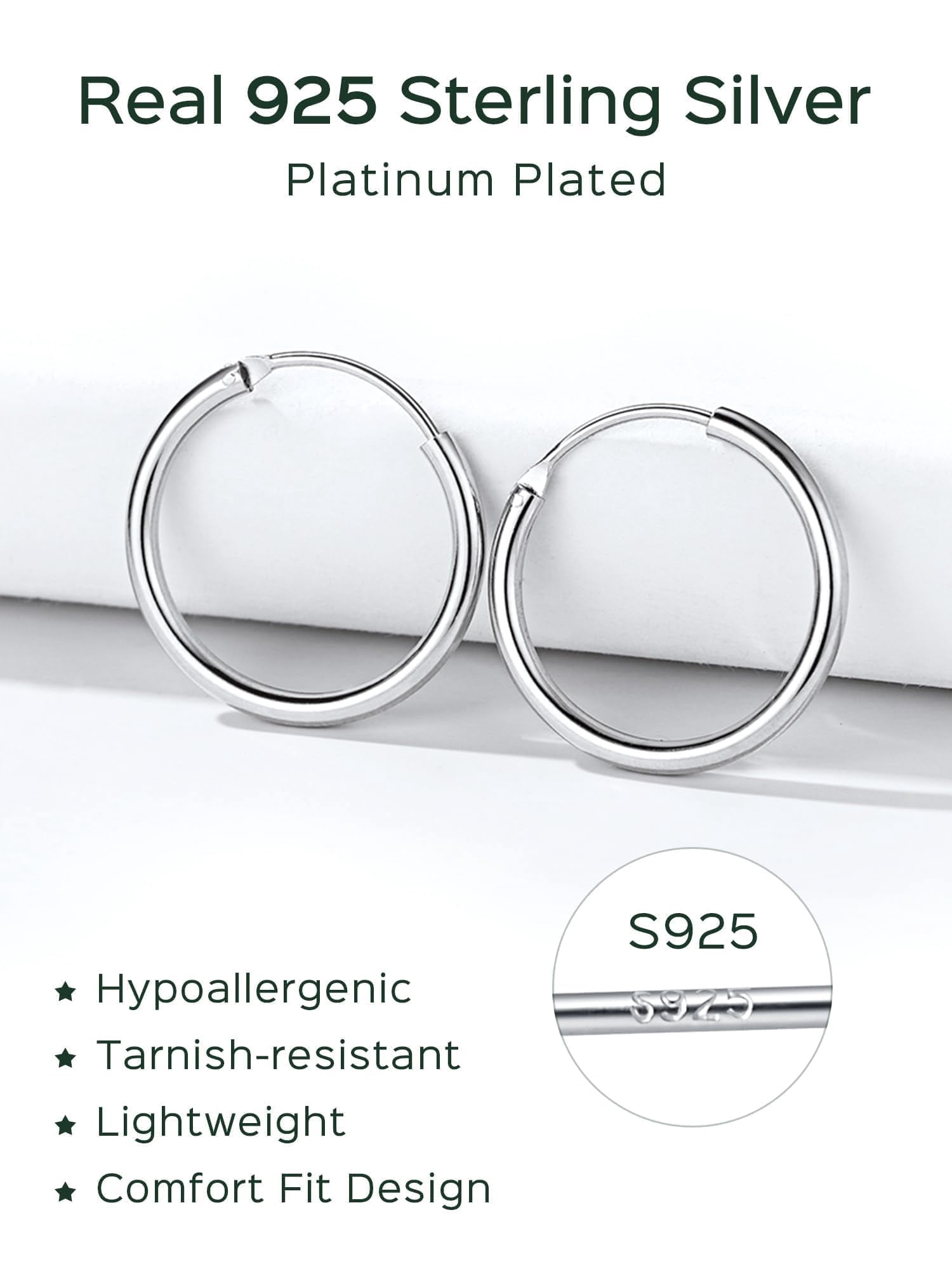ChicSilver Small Silver Hoop Earrings for Women, Hypoallergenic 925 Sterling Silver Earrings Endless Hoop Earrings for Women Huggie Earring 20MM