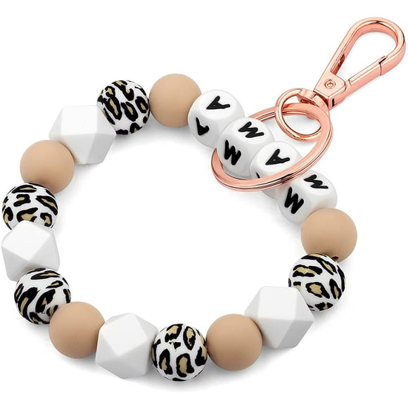 Designs MAMA White Leopard Color Silicone Bracelet Keychain Wristlet, Bead Link for Women