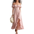 thumbnail image 3 of UDAUDU Off The Shoulder Dress for Women 2026 Bridesmaid Dresses Spring Summer Wedding Guest Gowns Ruffle Neck Prom Dress with Slit Pink 2XL, 3 of 8