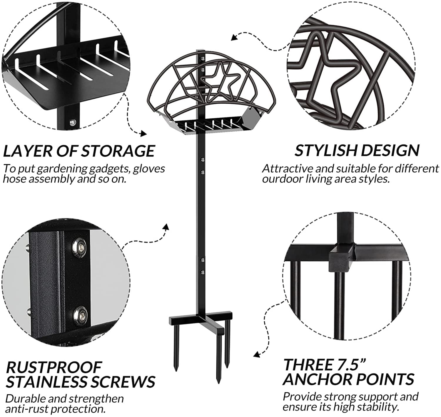 Walensee Garden Hose Holder Detachable Freestanding Water Hose Hanger,Outside Heavy Duty Metal Hose Storage Hose Stand Decorative Hose Reel Rack for Yard,Lawn,Black