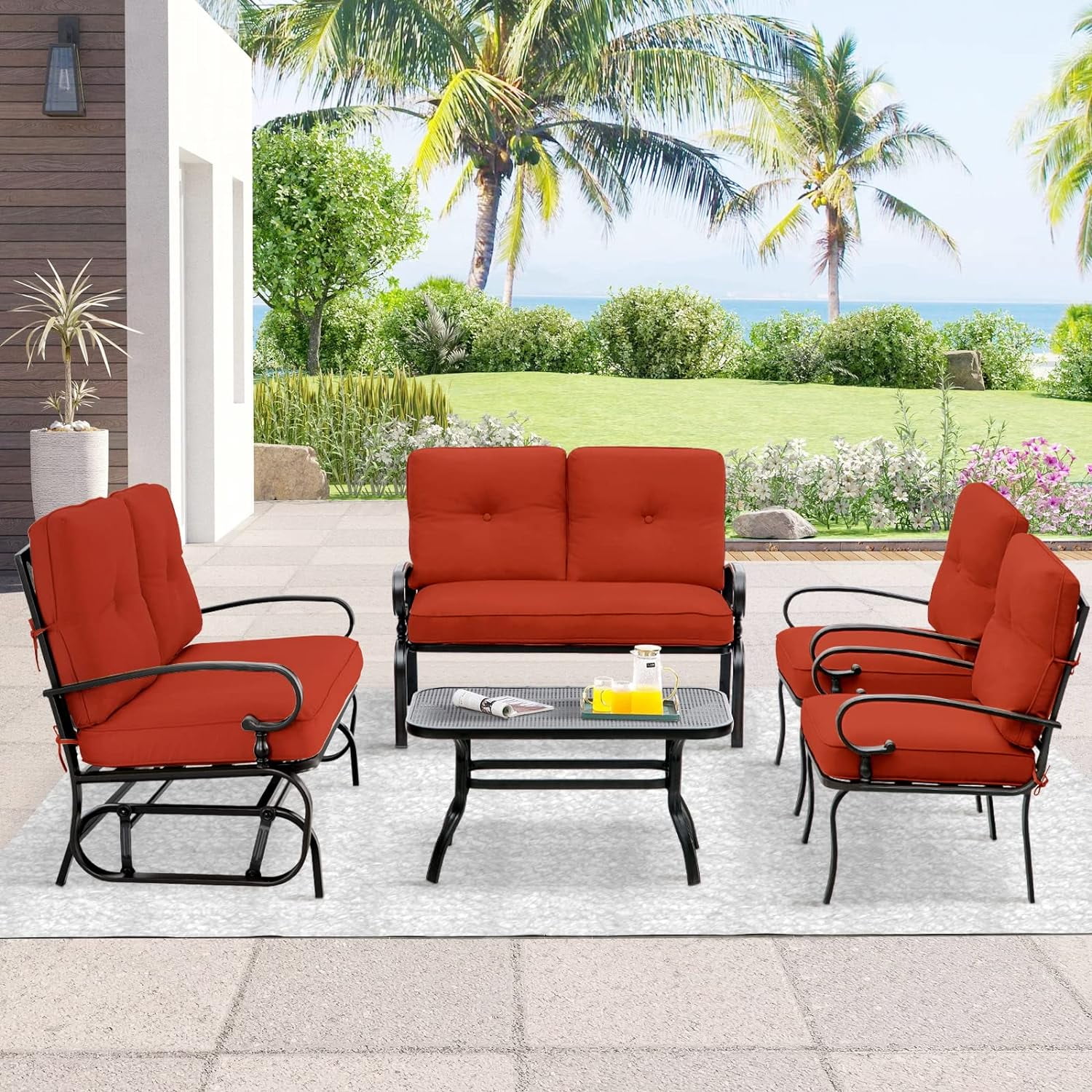 SOLAURA 5-Piece Outdoor Metal Furniture Set Patio Wrought Iron Conversation Set (Patio Swing Glider, 2 Patio Chairs, Loveseat with Coffee Table), Red