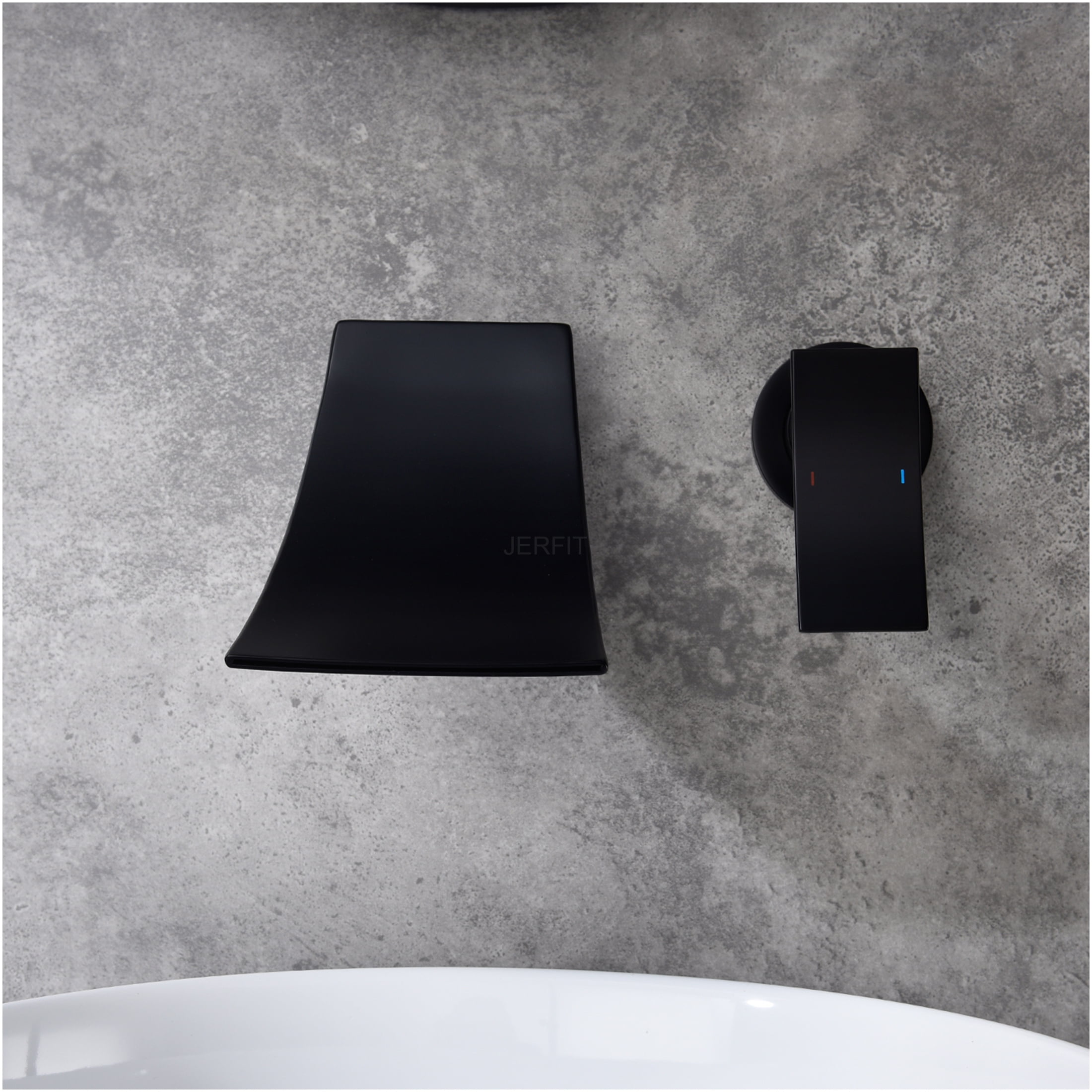 JERFIT Wall Mount Waterfall Bathroom Faucet, Matte Black Widespread Brass Spout Faucet for Vessel Sink, Bathtub