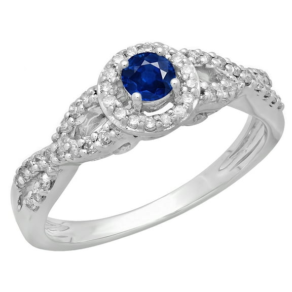 Dazzlingrock Collection 14K Round Blue Sapphire & White Diamond Swirl Bridal Halo Engagement Ring, White Gold, Size 8