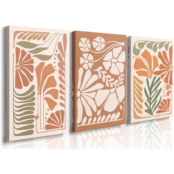 Boho Wall Decor Framed Canvas Wall Art Set of 3 Green White Burn Orange Floral Botanical Prints Minimalist Modern Rustic Wall Art Boho Decor for Bedroom Farmhouse Living Room Wall Decor 12"x16"