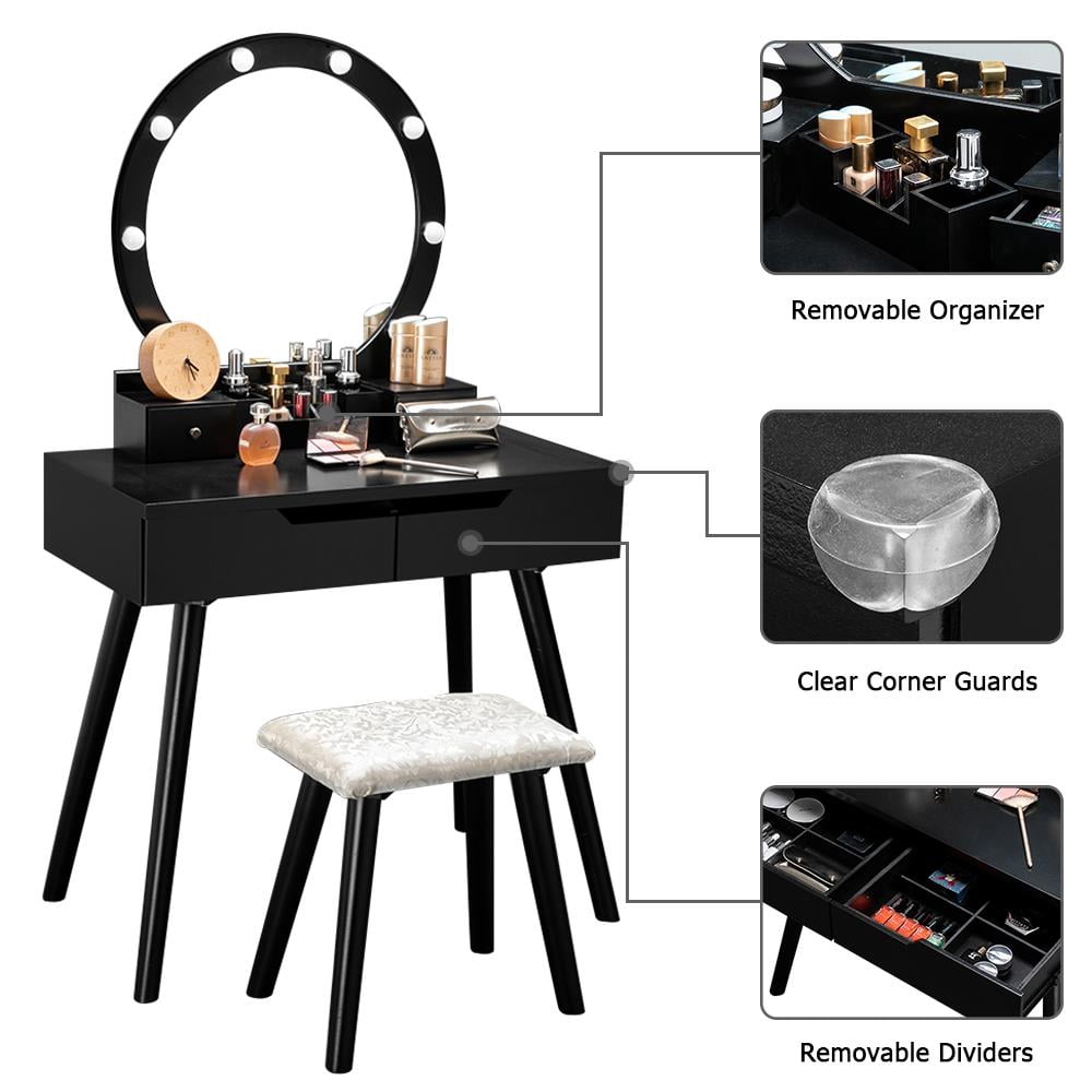 UBesGoo Wooden Dressing Table with Round Lighted Mirror,Vanity Set with ...