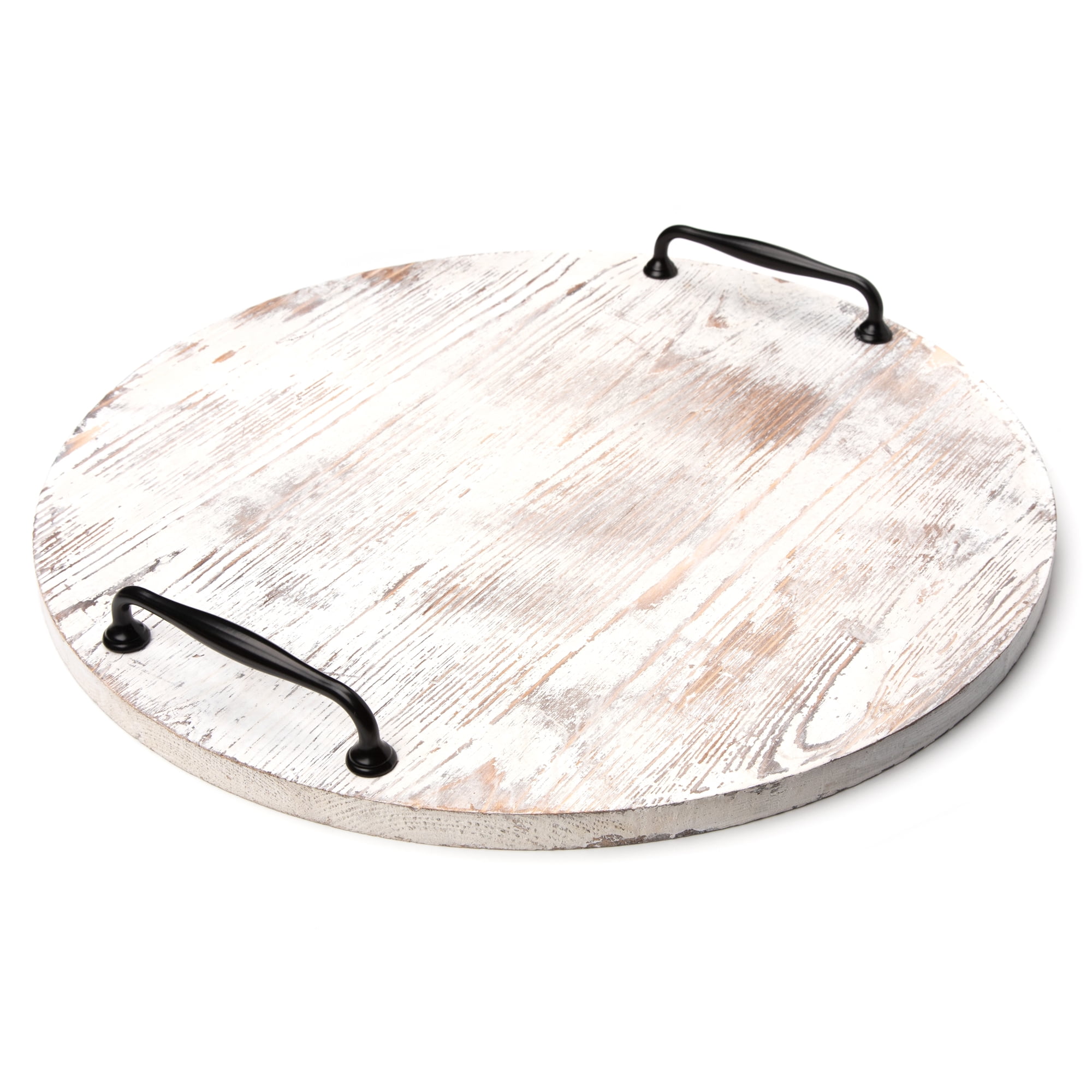 Cousin DIY Large 18 inch Round Wood Tray With Metal Handles, White Wash