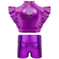 thumbnail image 3 of TiaoBug Kids Girls Jazz Hip Hop Dance Outfit Sleeveless Ruffle Crop Tops with Metallic Shorts Set Dancewear Purple 16, 3 of 6