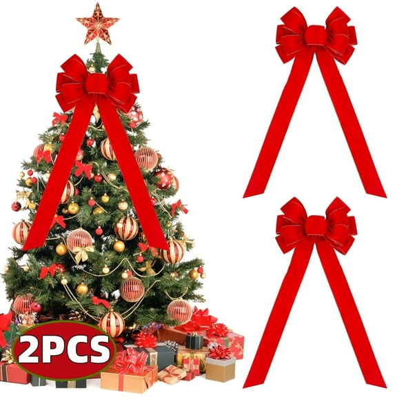 Christmas Bows  Red Velvet Bows Christmas Tree Toppers Bow for Xmas Indoor Outdoor Holiday Decorations 2pack 11x30 inch
