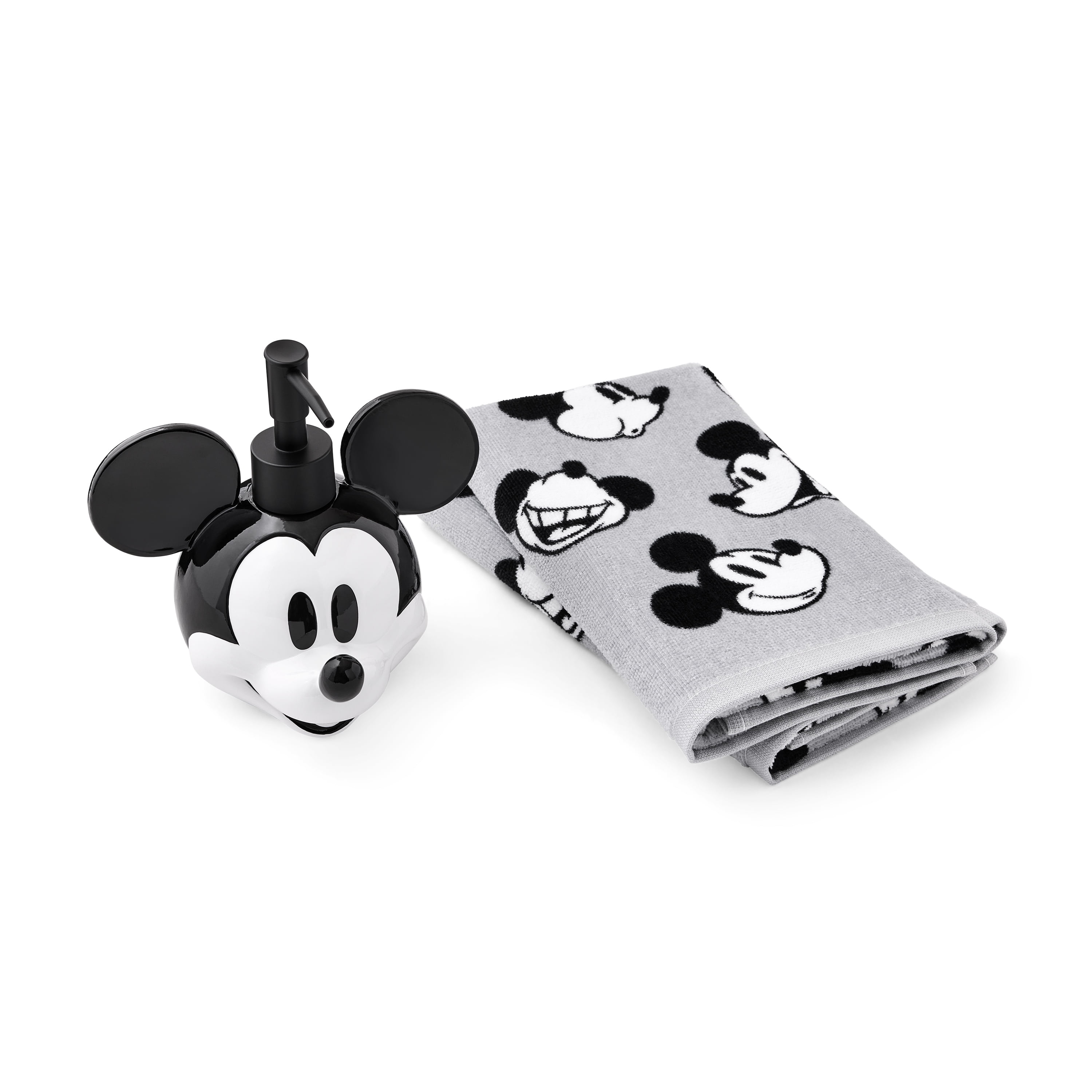 Mickey Mouse 3-Piece Bath Set, 2pk Hand Towel & Sculpted 5.5" Lotion Pump, Cotton, Poly-Resin, Black & White, Disney