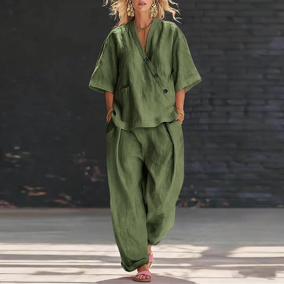Gamivast Linen Two Piece Outfits Womens Half Sleeve Henley V-Neck Linen Tops and High Waisted Wide Leg Flowy Linen Pants Lightweight Breathable with Pockets Summer Beach Vacation Lounge Wear