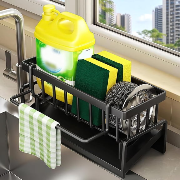 Sink Caddy with Removable Dishcloth Holder, Stainless Steel Black Kitchen Sink Organizer, Self-draining Sponge Holder, Sink Storage Rack for Kitchen Cleaning Supplies