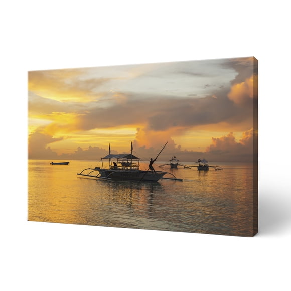 Printscapes Canvas Wall Art 12" x 8" - Man on Boat at Sunset in Philippines by Luis Martinez