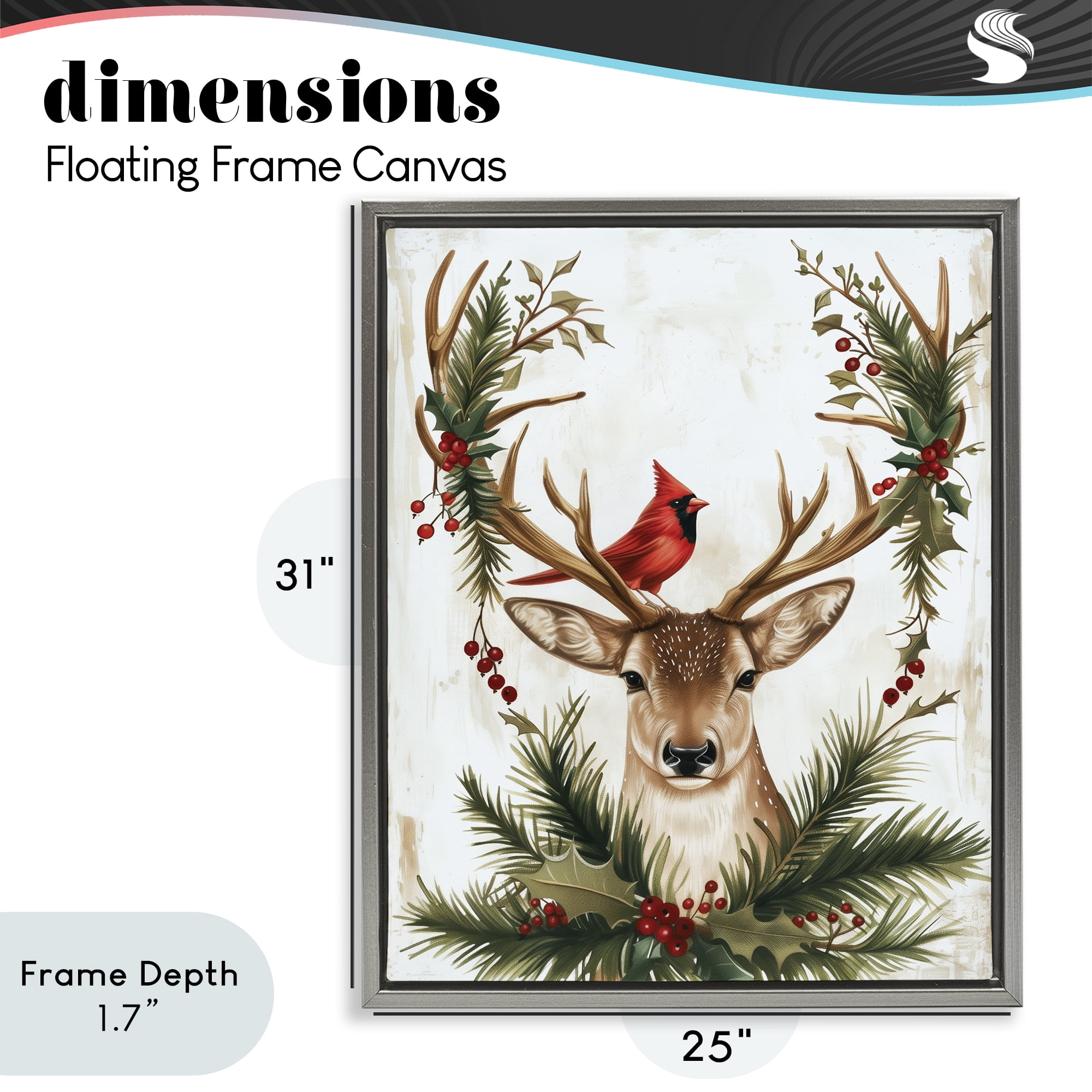 Stupell Industries Cardinal & Deer with Festive Flora Gray Framed Floater Canvas Wall Art, design by Acorn & Ivory Designs