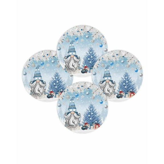 Christmas Round Placemats Set of 4 Gnome Xmas Tree Balls Place Mats Washable Woven Placemat Blue Pine Needles Snow Circle Braided Table Mat for Kitchen Dining Table Party Home Decor 15 Inch