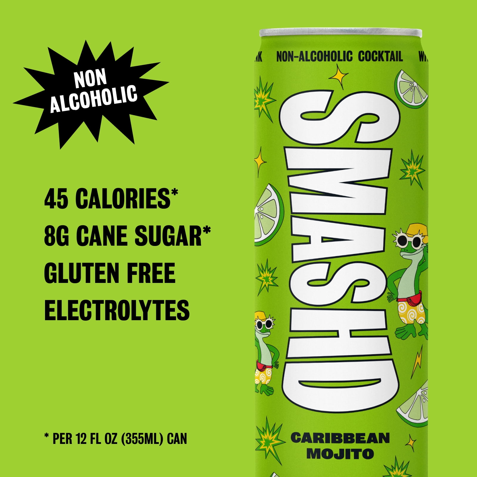 SMASHD Alcohol-Free Mocktails, Non-Alcoholic Beverage Flavored Sparkling Water, Rum alternative No Artificial Flavors, Caffeine-Free, with electrolytes, 12 Oz&nbsp; (Caribbean Mojito, 12 Pack)