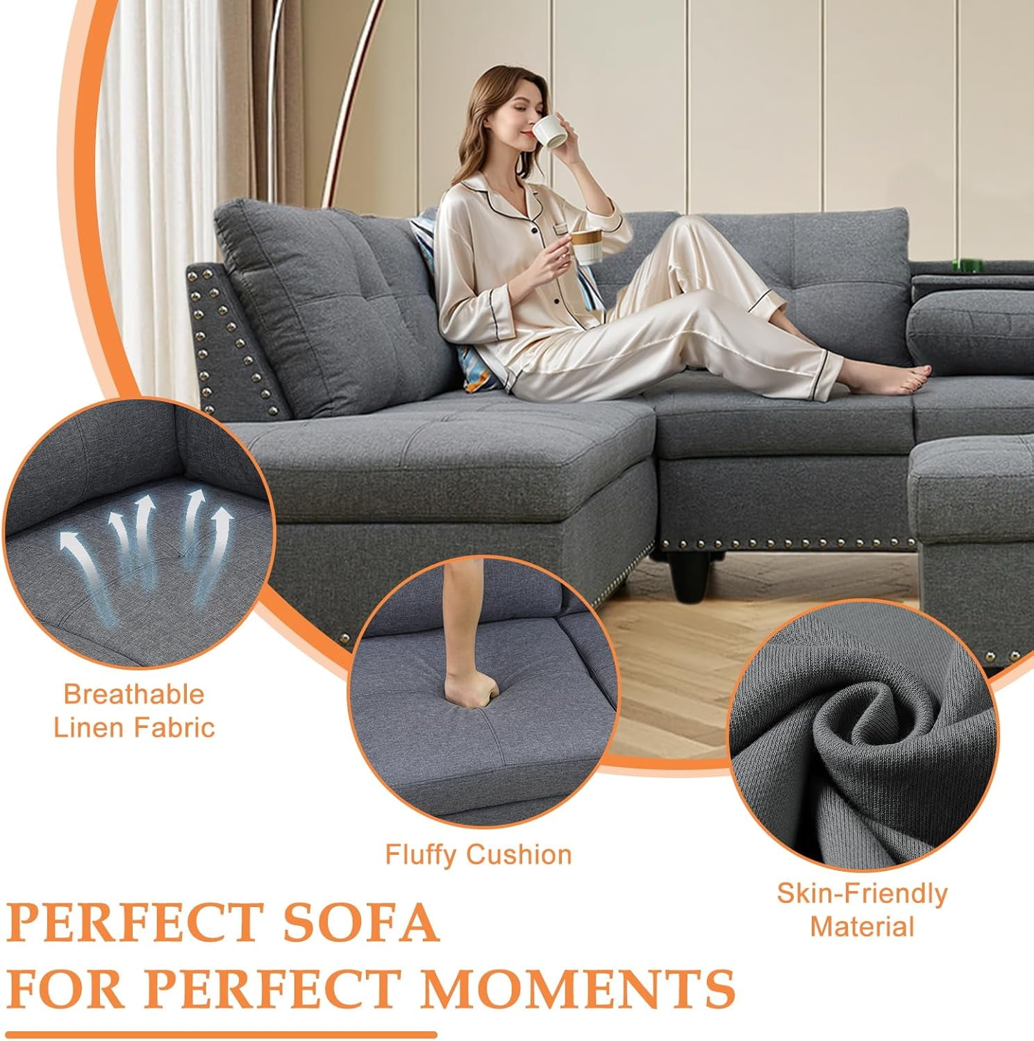 Howcool L Shaped Sectional Sofa, 4 Seater Modular Sectional Couch with Chaise Lounge, Storage Ottoman & 2 Cup Holders, Linen Sofa with Pillows for Living Room, Apartment, Dark Gray
