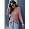 thumbnail image 3 of CALIPESSA Womens Petite Waffle Knit Side Split Solid Tops V Neck Long Sleeve Casual Fall Pullover, 3 of 5