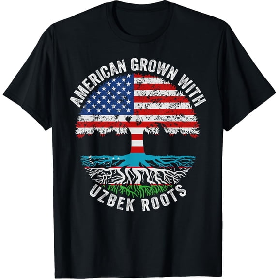 American Grown with Uzbek Roots Uzbekistan Flag T-ShirtMen's and women's gift, black and white T-shirt, size: Extra large S-4XL