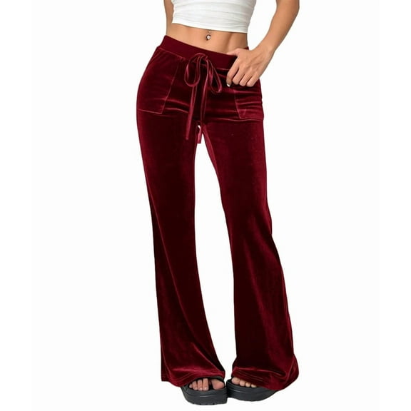 Velvet Pants Women Lounge Comfy Velour Flare Pants Casual Wide Leg High Waisted Drawstring with Pockets Wine Red XL