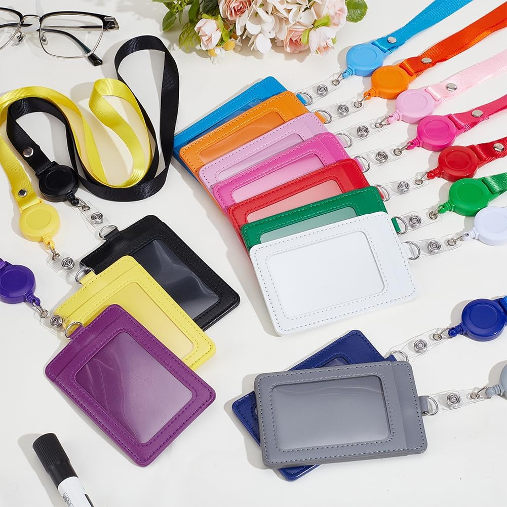 24 Pack PU Leather Badge Card Holder Colorful Retractable Lanyards with Vertical ID Card Badges Name Tag Holder Holder with Clear Multi-color