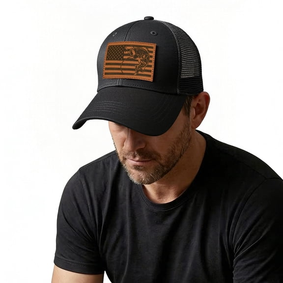 Fishing Trucker Hat for Men, Bass Fish American Flag Leather Patch Snapback Cap, Adjustable Outdoor Fishing Gear