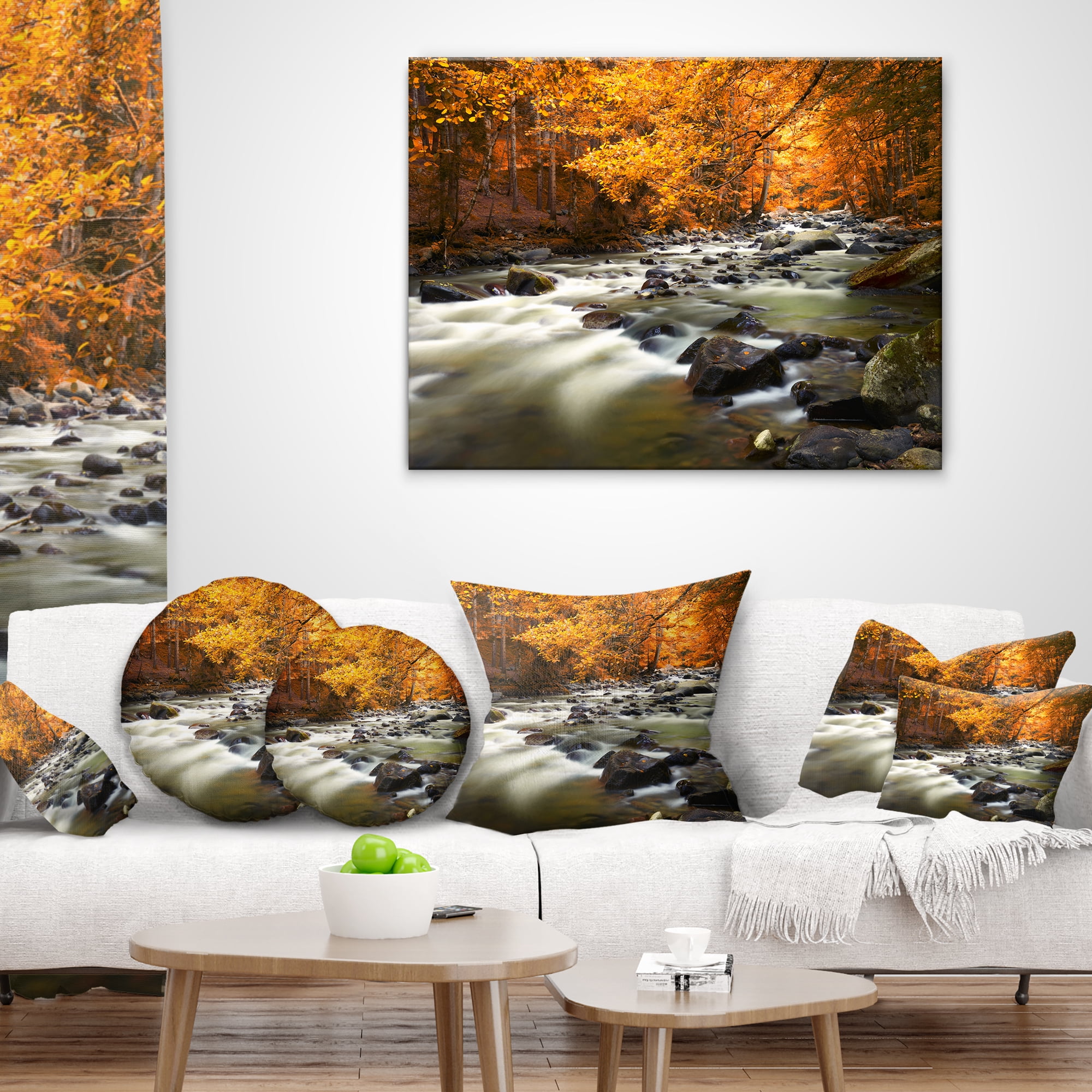 Designart Autumn Terrai With Trees and River - Landscape Printed Throw Pillow - 16x16
