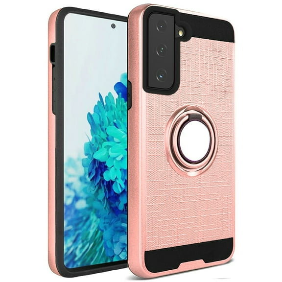 for Samsung Galaxy S21 (6.2") Hybrid Ring Stand Brushed 360 Degree Rotating Ring Magnetic Bracket Dual Layer TPU Armor Rugged Cover ,Xpm Phone Case [Rose Gold]