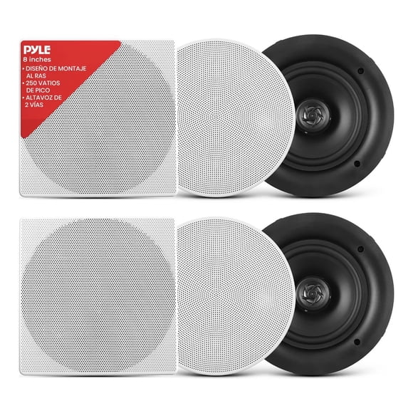Par de Bocinas de 8" Empotrables para Techo o Pared Pyle, Sistema de Sonido 2 Vías, 250W de Potencia, Tweeter de Titanio, Diseño de Montaje al Ras, Blanco