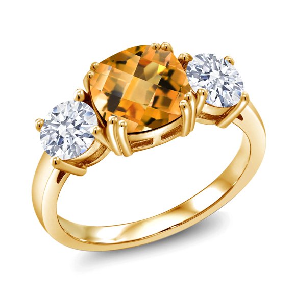 Gem Stone King 18K Yellow Gold Plated Silver Yellow Citrine and White Zirconia 3 Stone Engagement Ring for Women (4.65 Cttw, Gemstone November Birthstone, Cushion Checkerboard 8MM, Size 7)