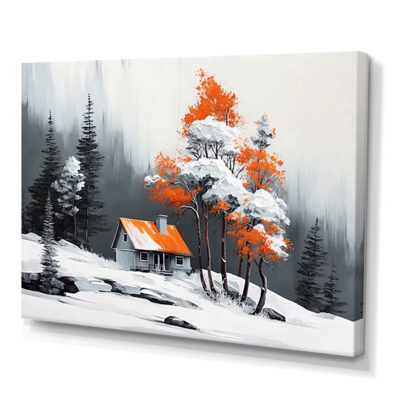 Designart Monochrome Orange Cottage In Winter XIV Canvas Wall Art