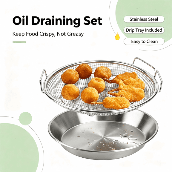 Stainless Steel Oil Drain Rack with Tray, Multi-Purpose Cooling & Drying Rack for Fried Food, BBQ, Vegetable Washing, Food Display, Household Kitchen Accessory, 1 Set