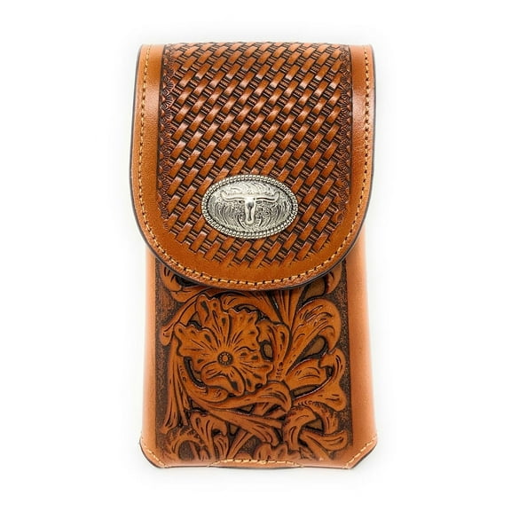 Texas West Western Cowboy Tooled Floral Leather Longhorn Concho Belt Loop Cell Phone Holster Case in 4 Colors