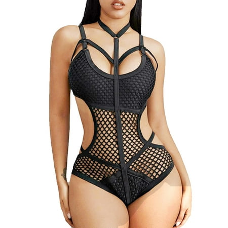 

Julycc Women s Halter Lingerie Sleepwear Fishnet Babydoll Underwear Nightwear Bodysuit
